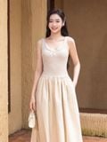  Đầm midi không tay thun gân phối vải nylon 