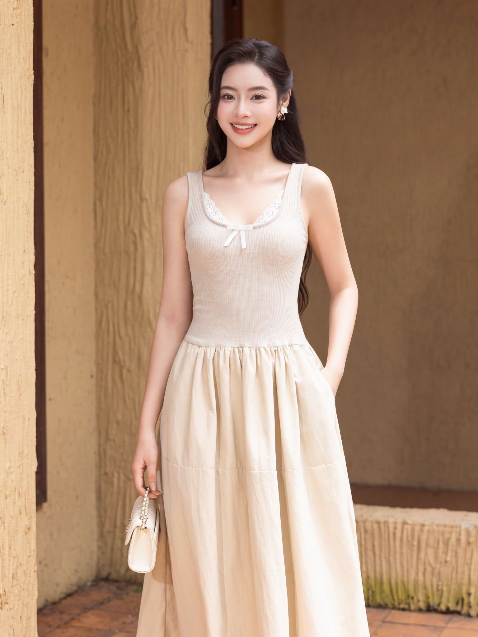  Đầm midi không tay thun gân phối vải nylon 