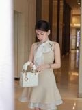  Đầm mini hai tầng phối nơ cổ Organza 