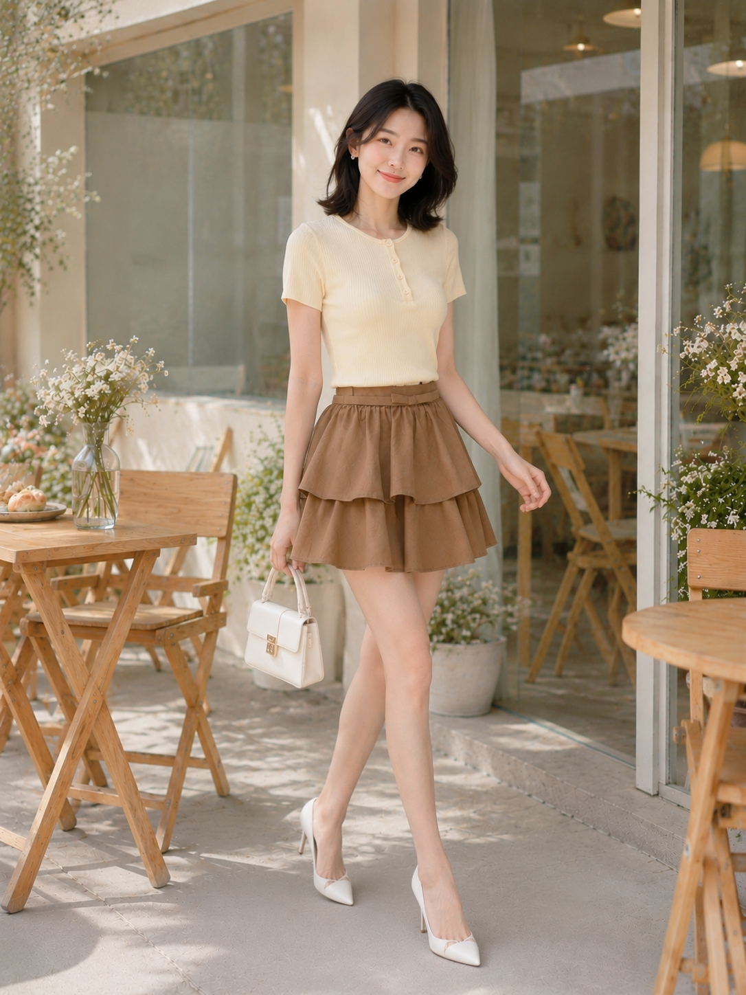 Chân váy mini hai tầng phối dây lưng nơ