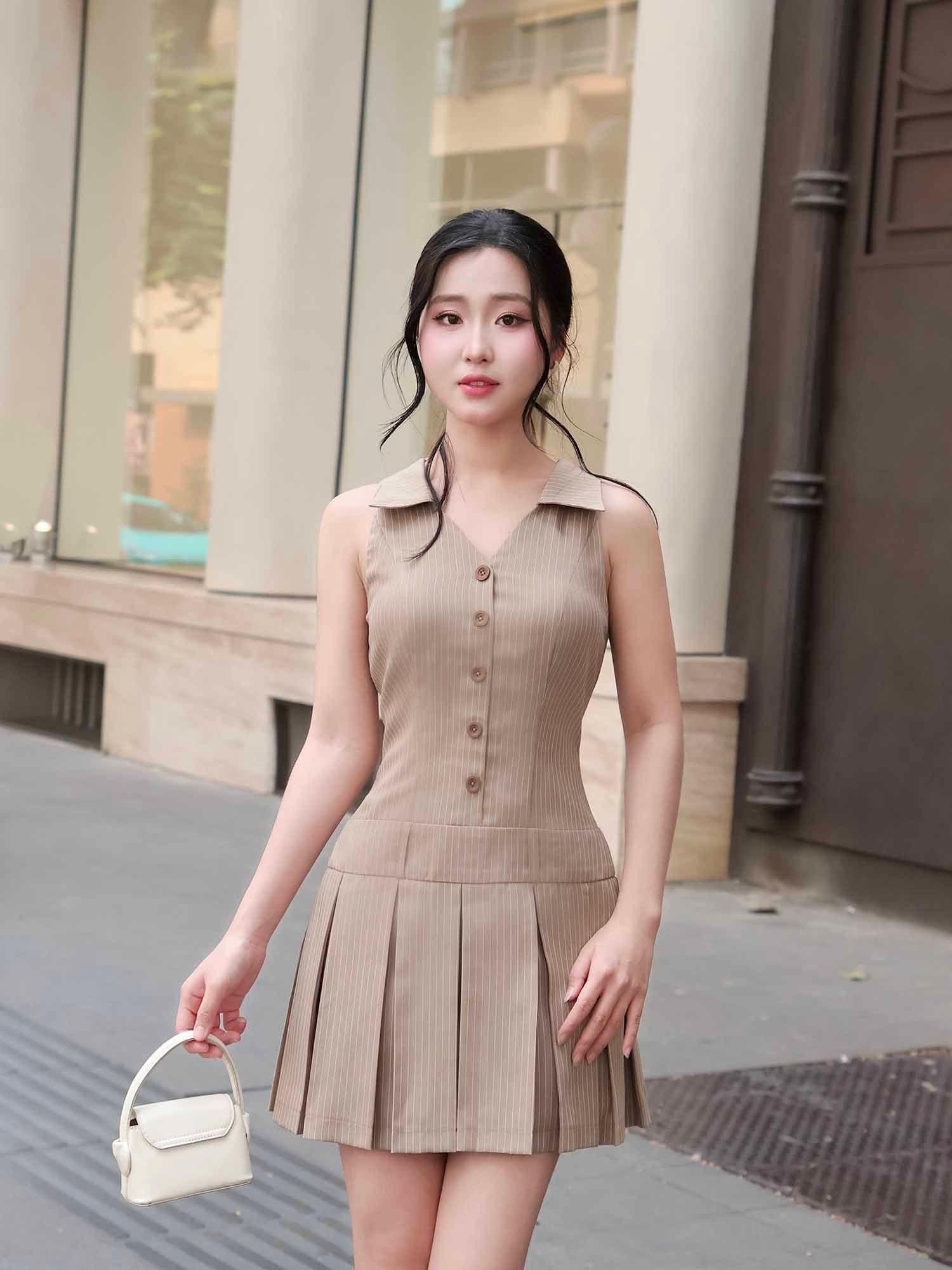  Đầm mini sọc cổ sơ mi xếp ly tùng 