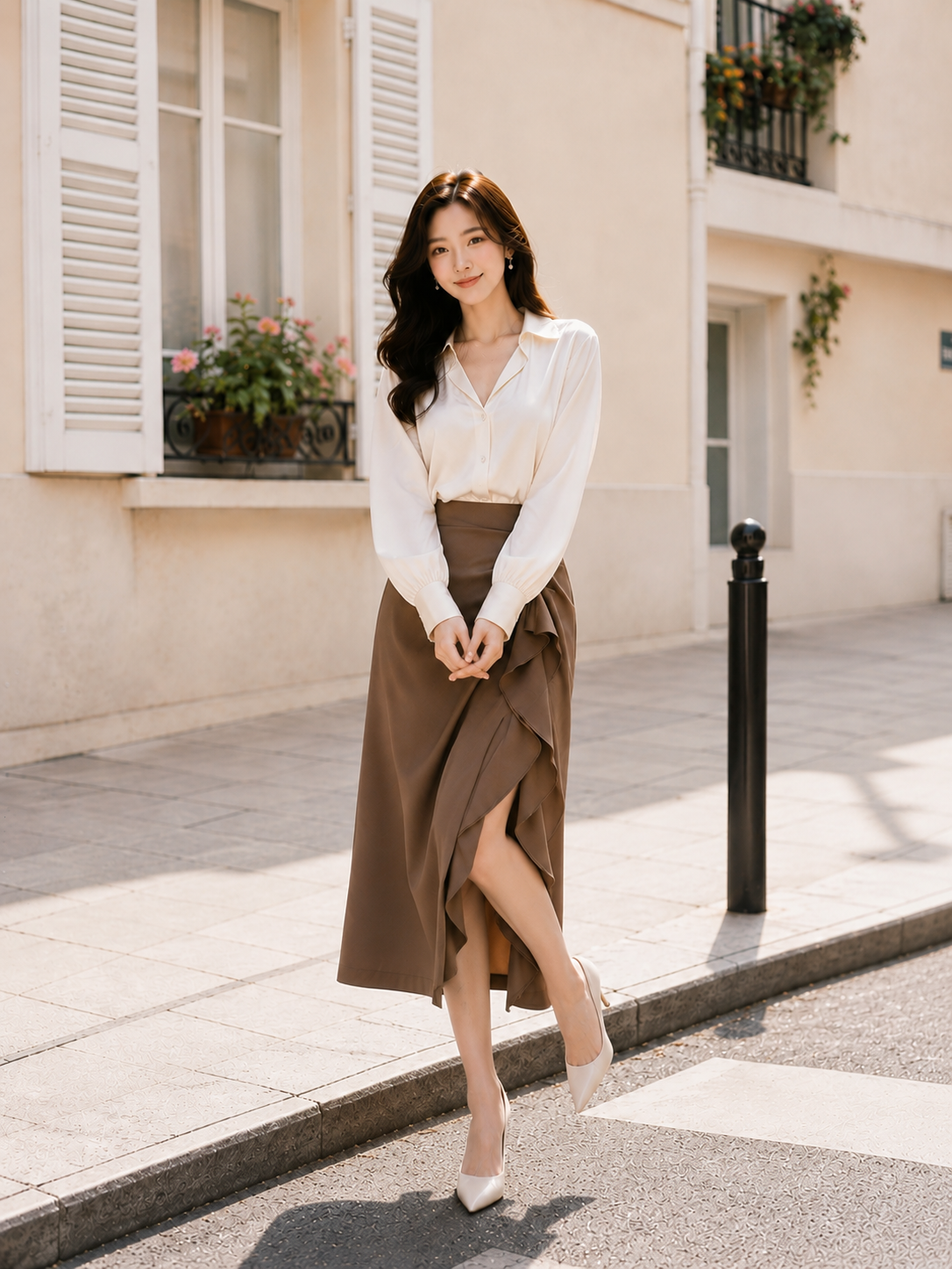 Chân váy midi xếp ly xẻ đùi phối bèo rũ