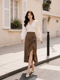  Chân váy midi xếp ly xẻ đùi phối bèo rũ 