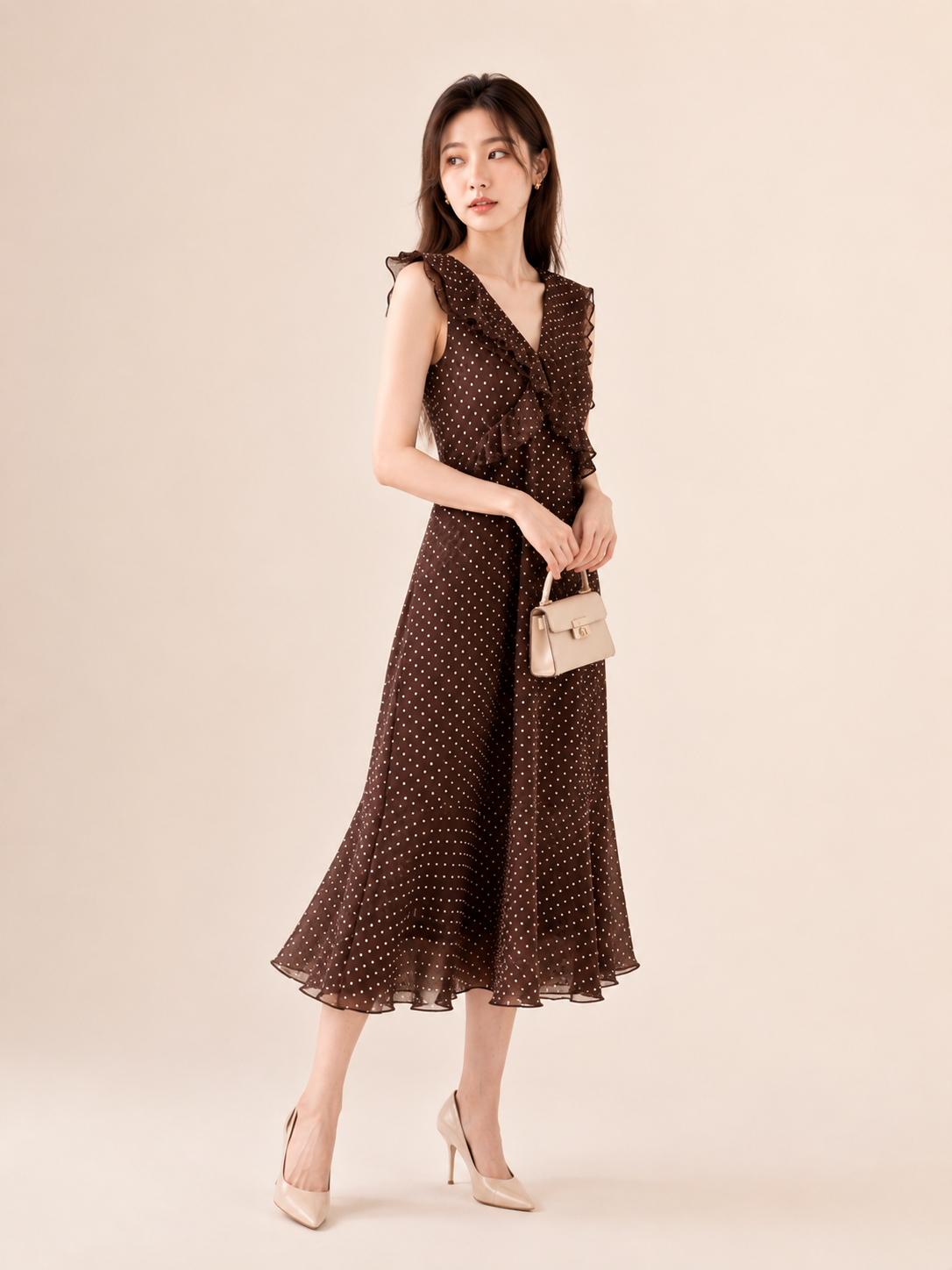 Đầm midi tơ chấm bi cổ V bèo