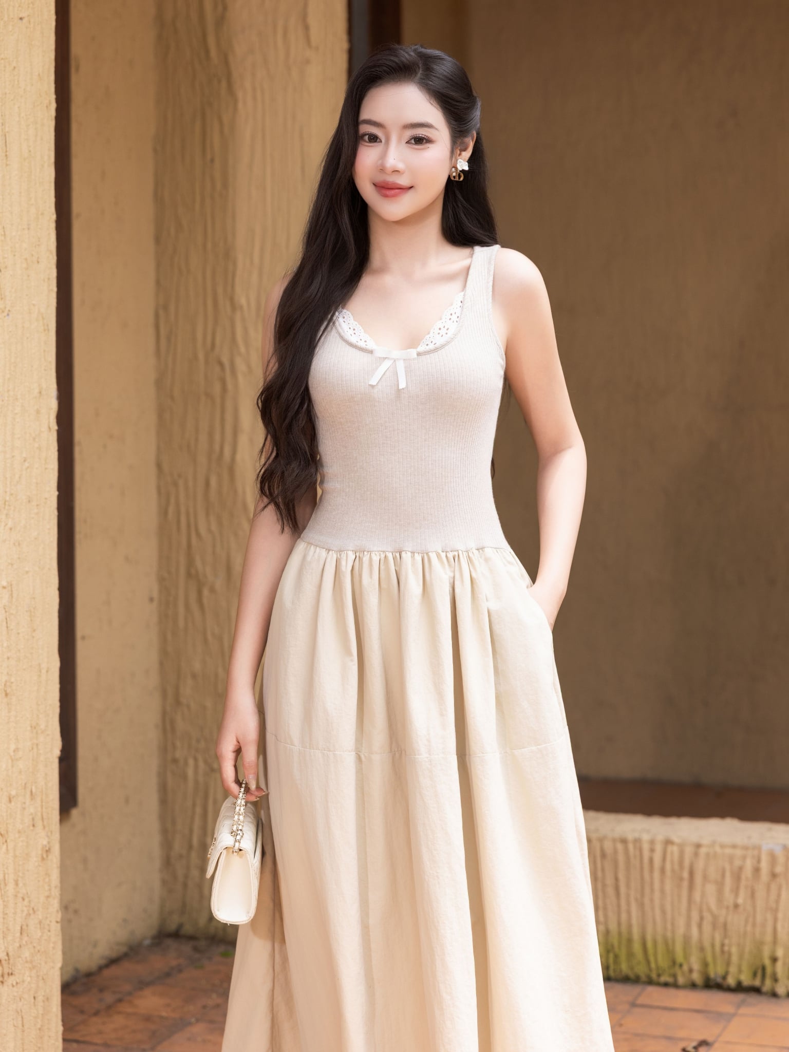 Đầm midi không tay thun gân phối vải nylon