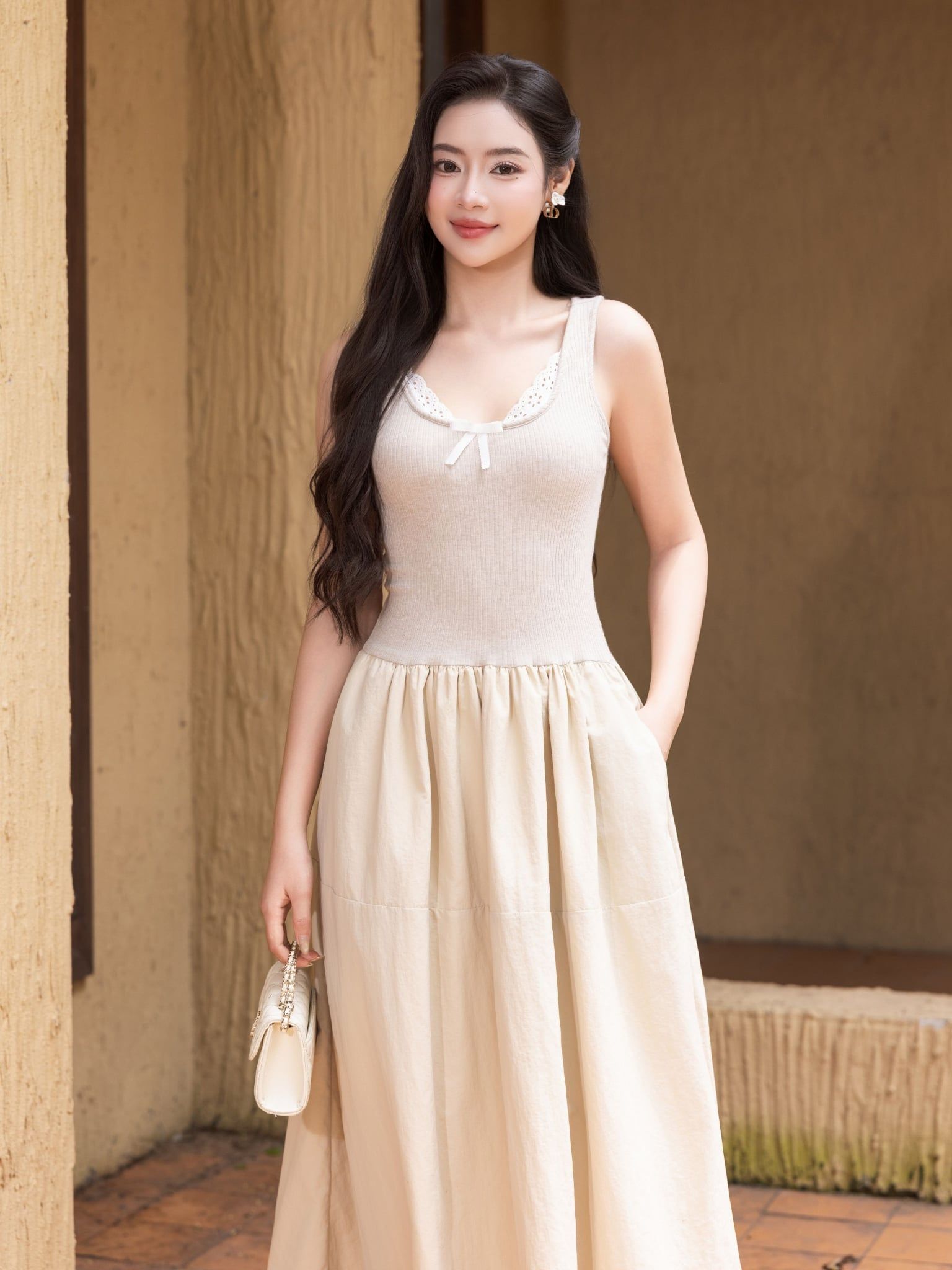  Đầm midi không tay thun gân phối vải nylon 