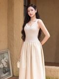  Đầm midi không tay thun gân phối vải nylon 