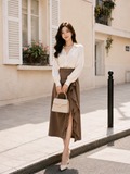  Chân váy midi xếp ly xẻ đùi phối bèo rũ 