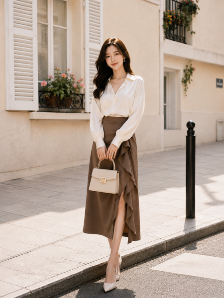  Chân váy midi xếp ly xẻ đùi phối bèo rũ 