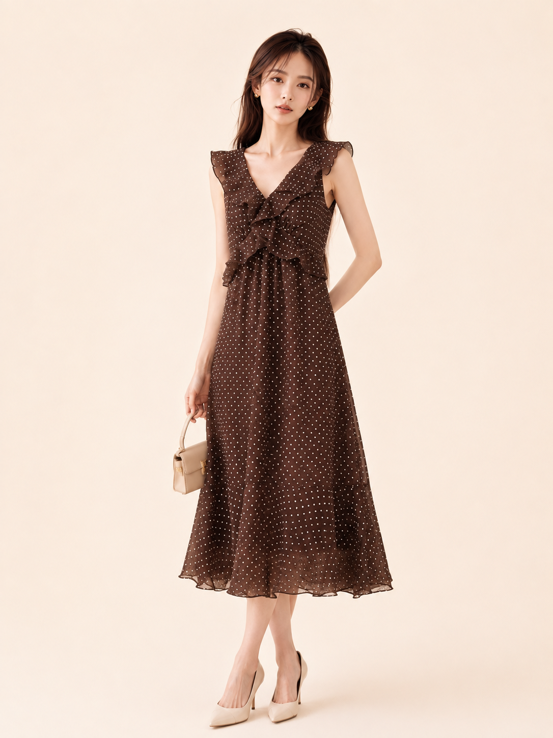 Đầm midi tơ chấm bi cổ V bèo