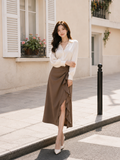  Chân váy midi xếp ly xẻ đùi phối bèo rũ 