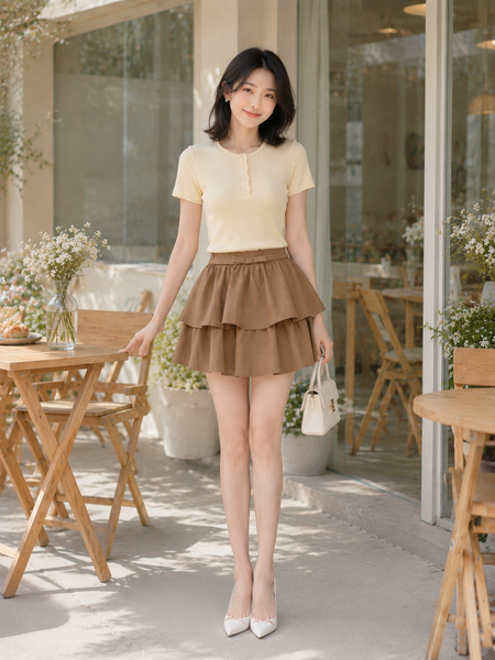  Chân váy mini hai tầng phối dây lưng nơ 