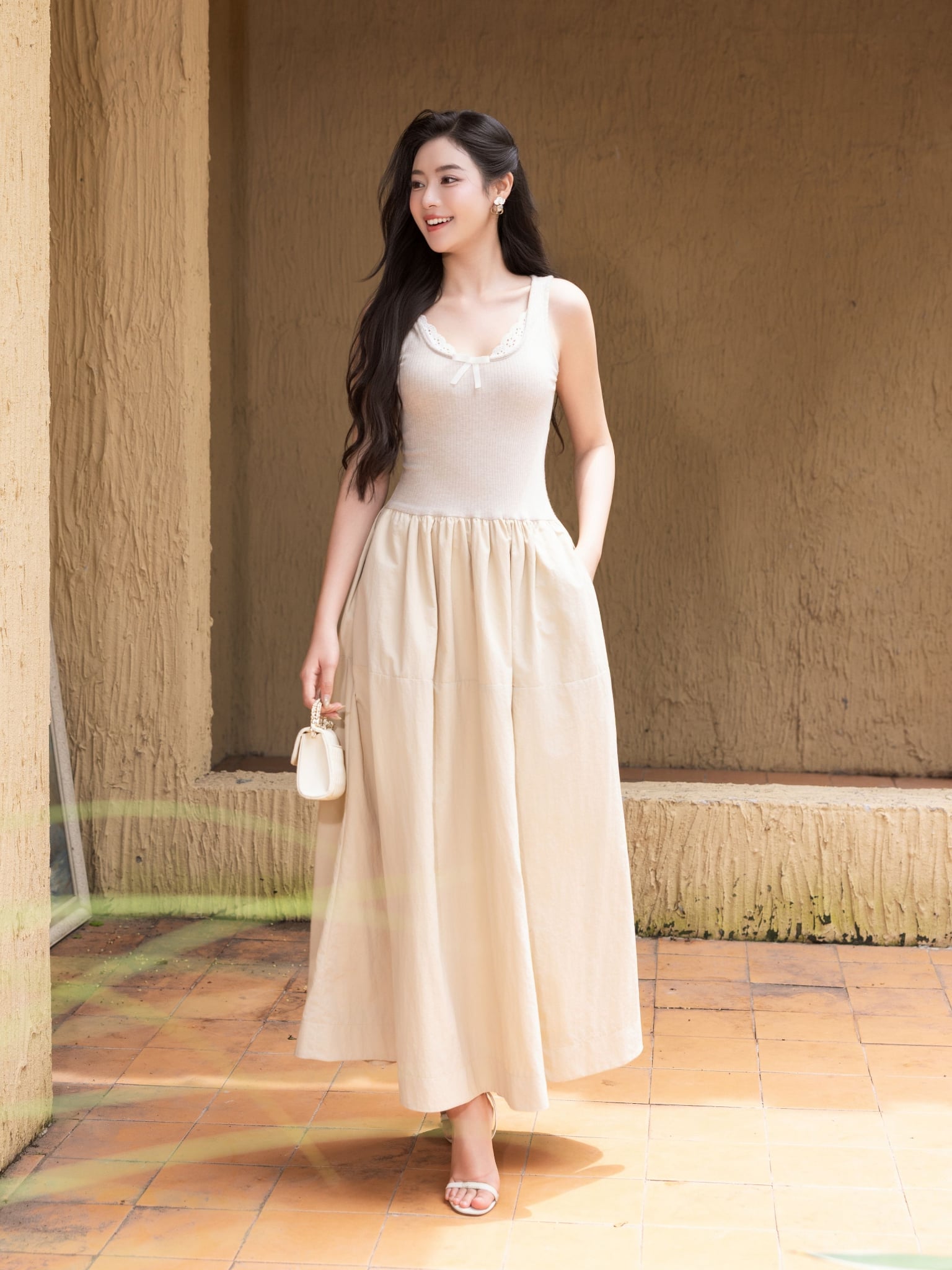 Đầm midi không tay thun gân phối vải nylon