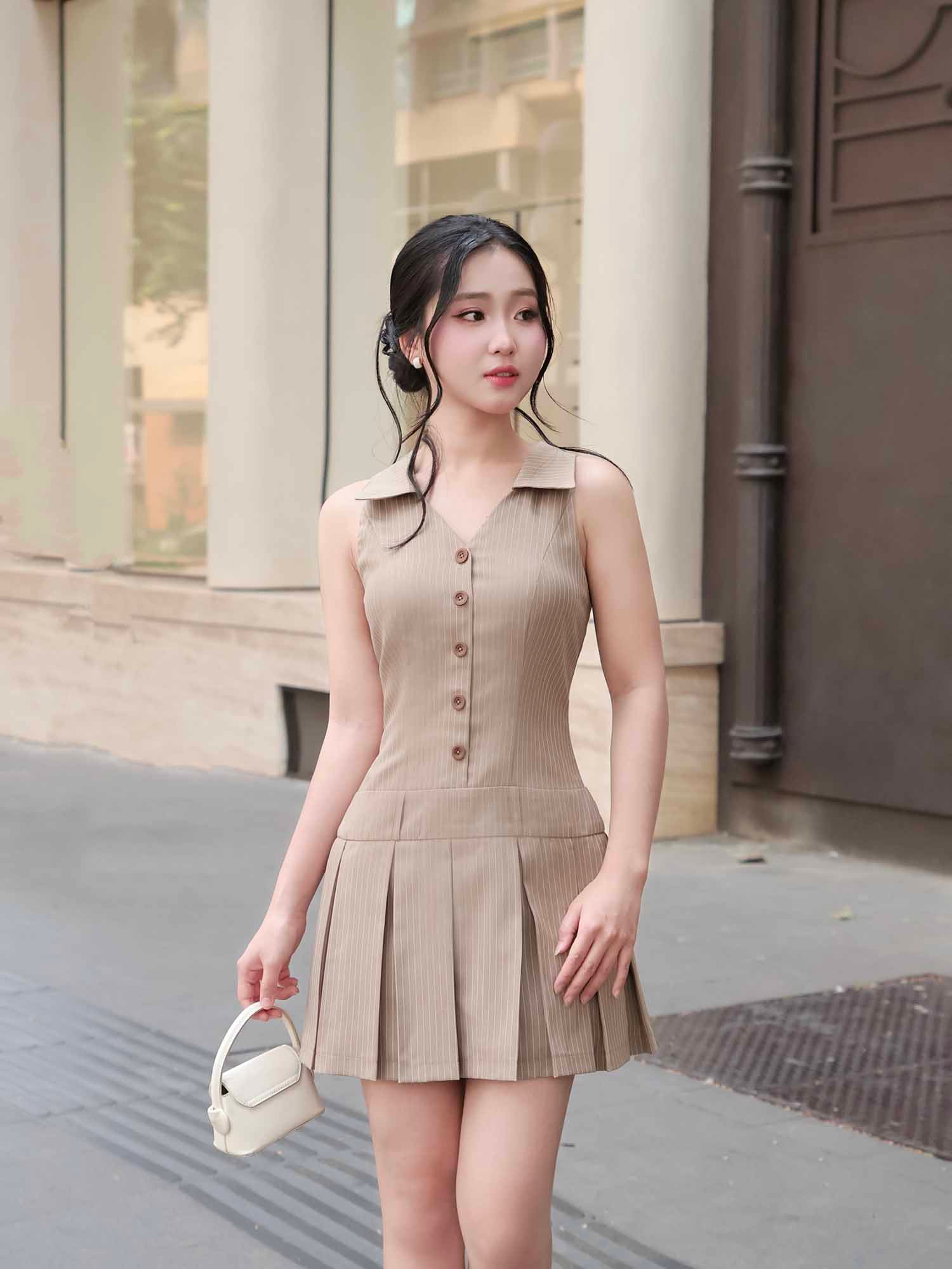 Đầm mini sọc cổ sơ mi xếp ly tùng