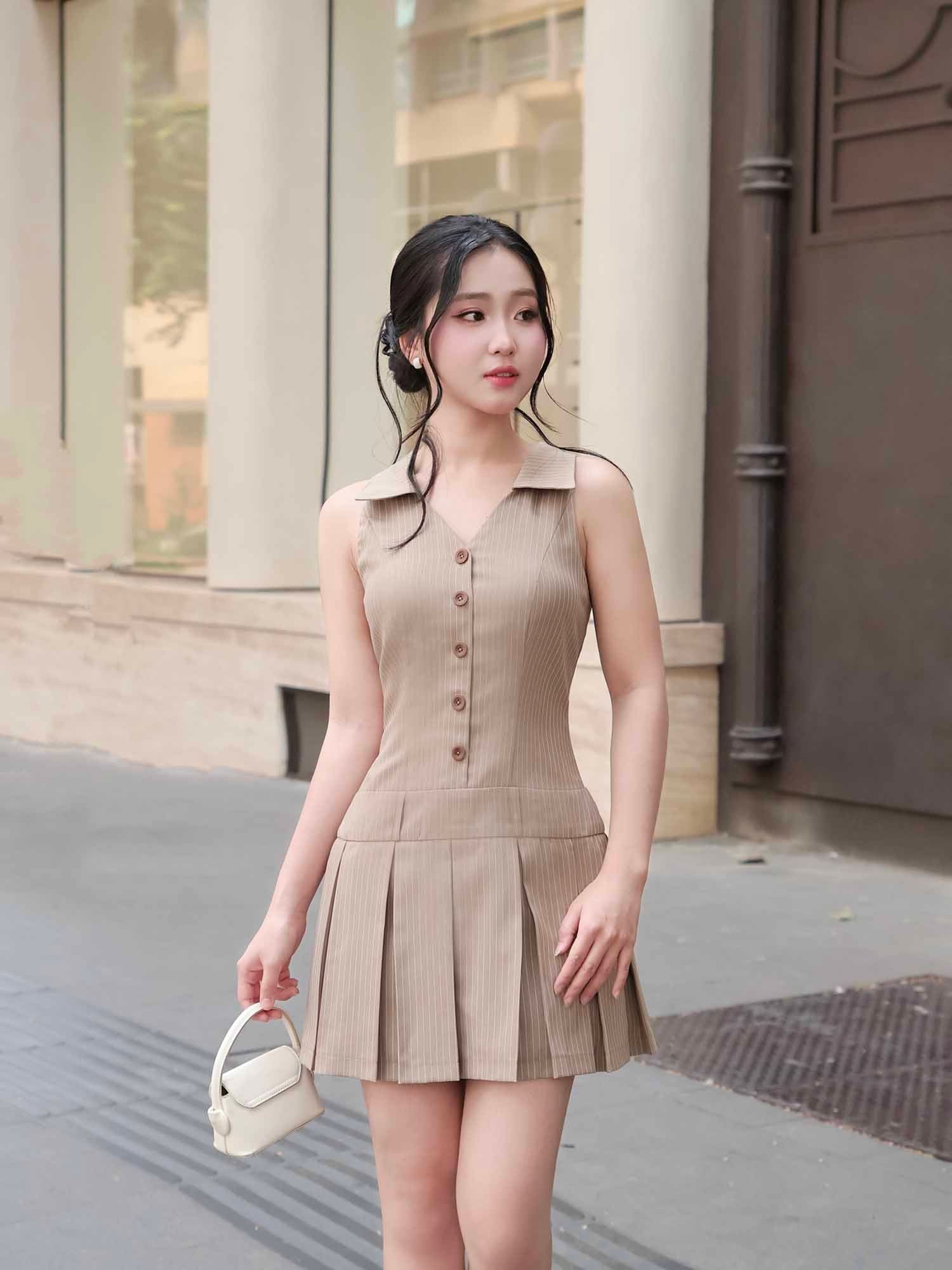  Đầm mini sọc cổ sơ mi xếp ly tùng 