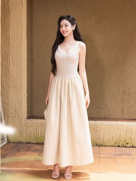  Đầm midi không tay thun gân phối vải nylon 