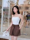  Quần shorts xếp ly xòe phối dây lưng vải 