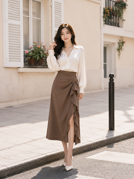  Chân váy midi xếp ly xẻ đùi phối bèo rũ 