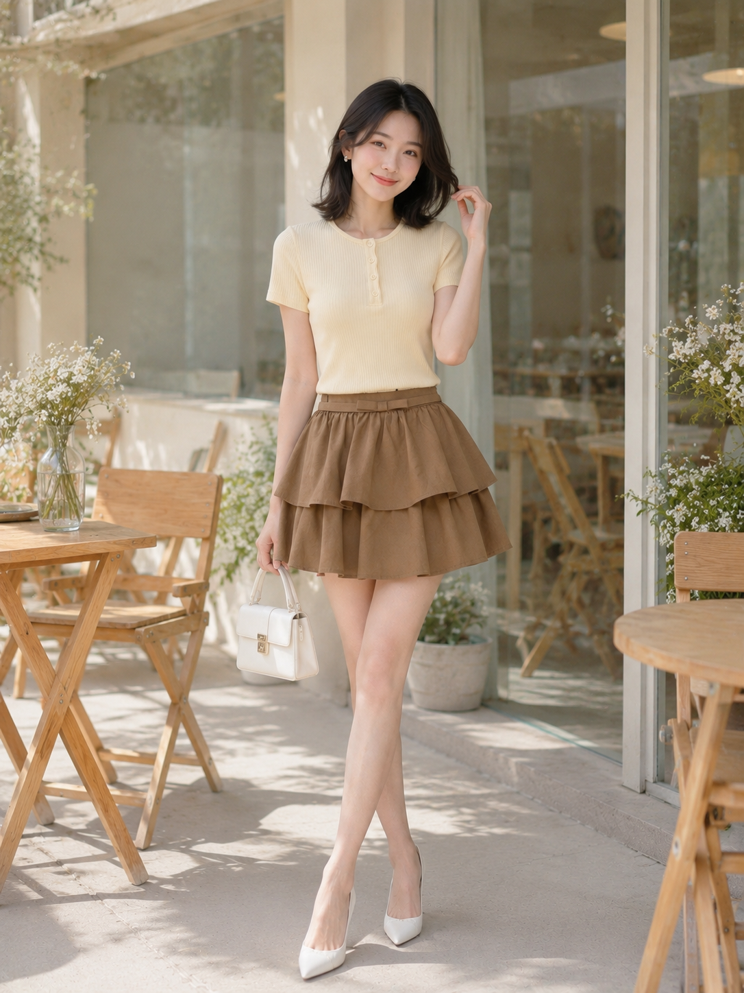  Chân váy mini hai tầng phối dây lưng nơ 