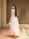  Đầm midi không tay thun gân phối vải nylon 