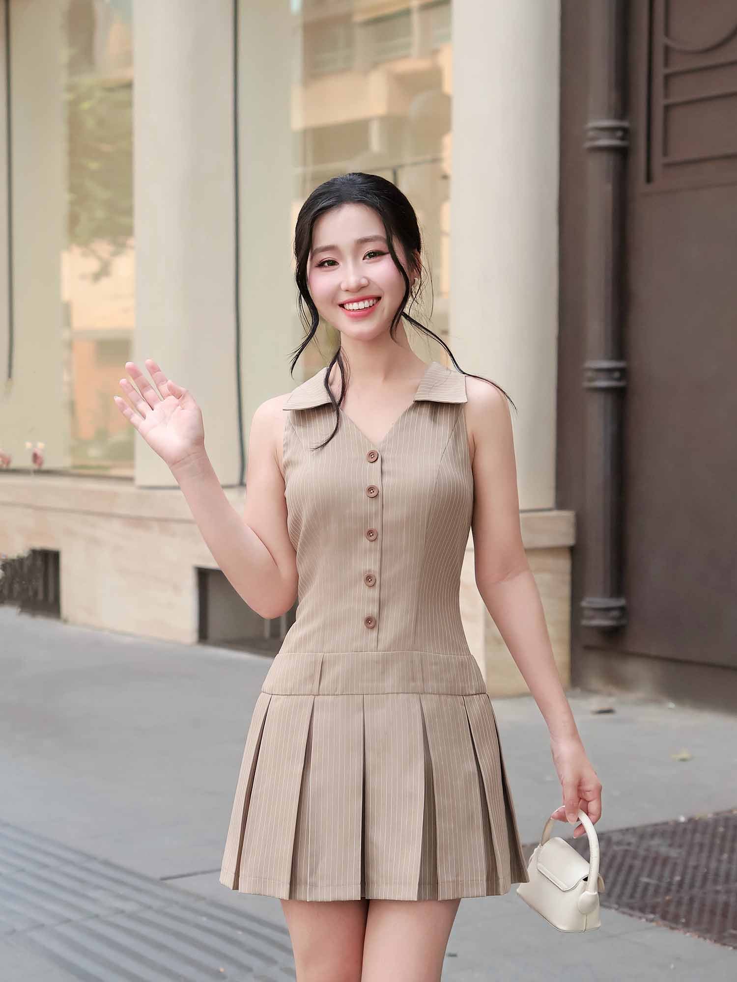 Đầm mini sọc cổ sơ mi xếp ly tùng