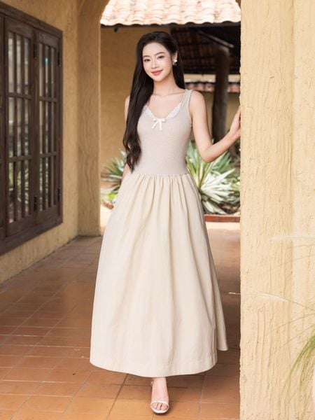  Đầm midi không tay thun gân phối vải nylon 