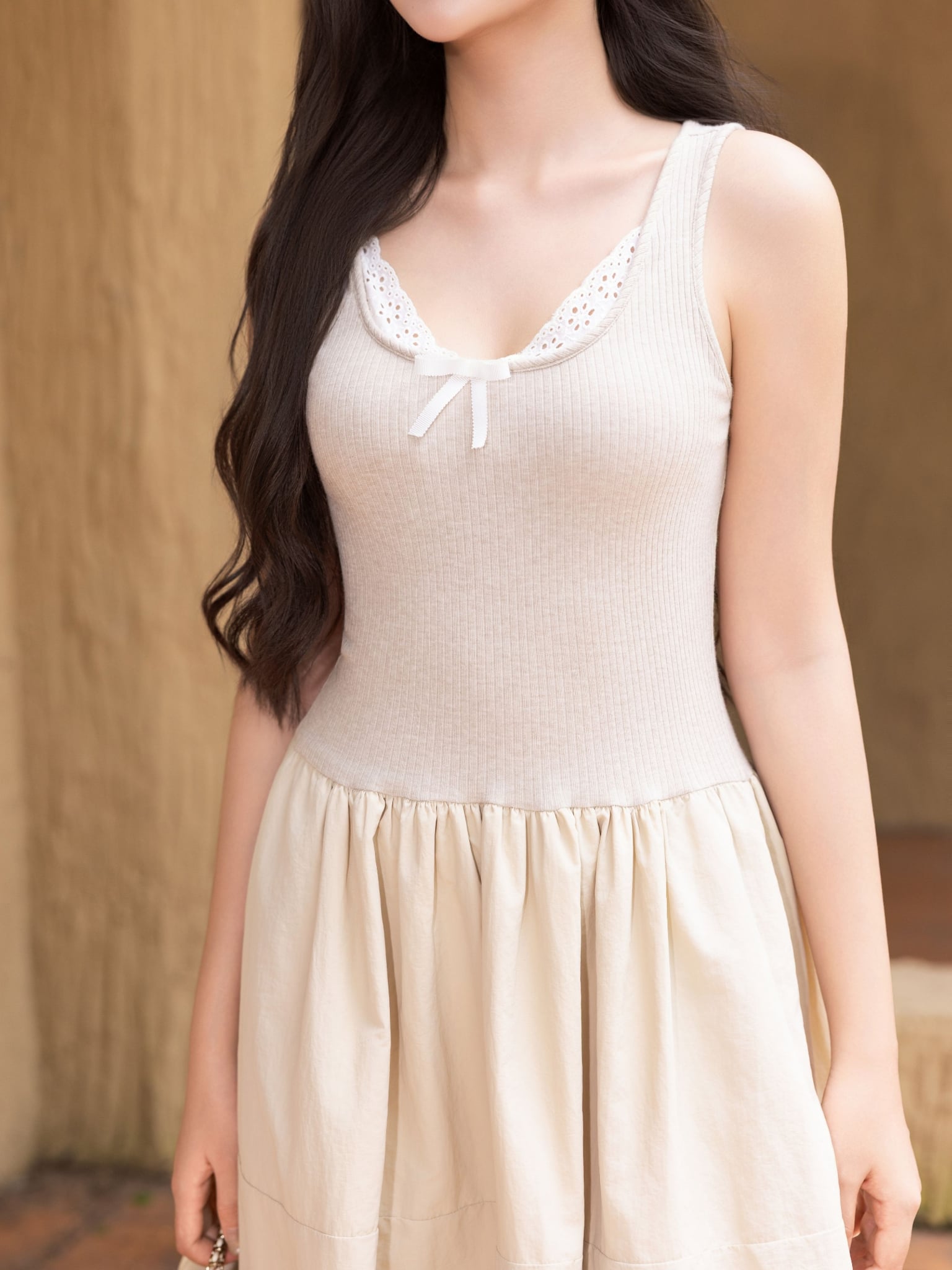 Đầm midi không tay thun gân phối vải nylon