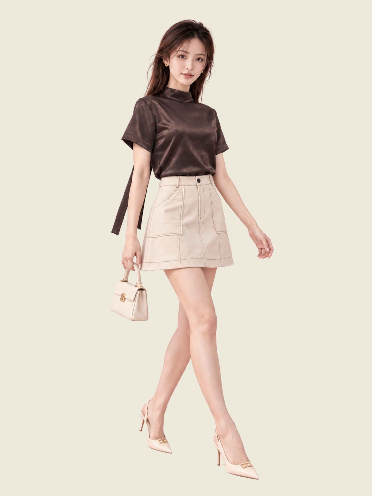  Áo lụa tay ngắn cổ lọ có dây nơ sau lưng 