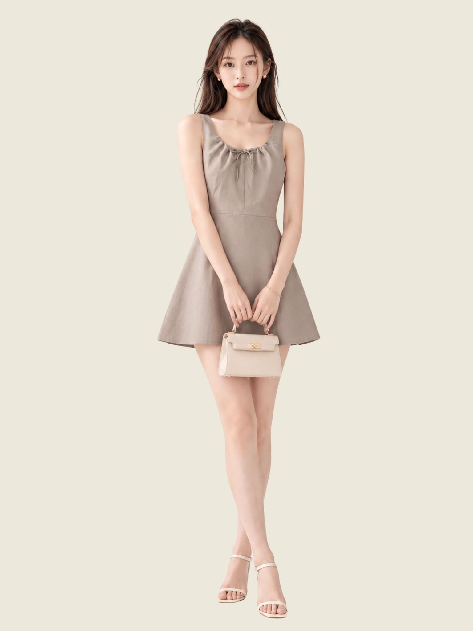  Đầm mini linen cổ xếp nhún không tay 