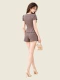  Áo cổ tròn denim nút bọc 