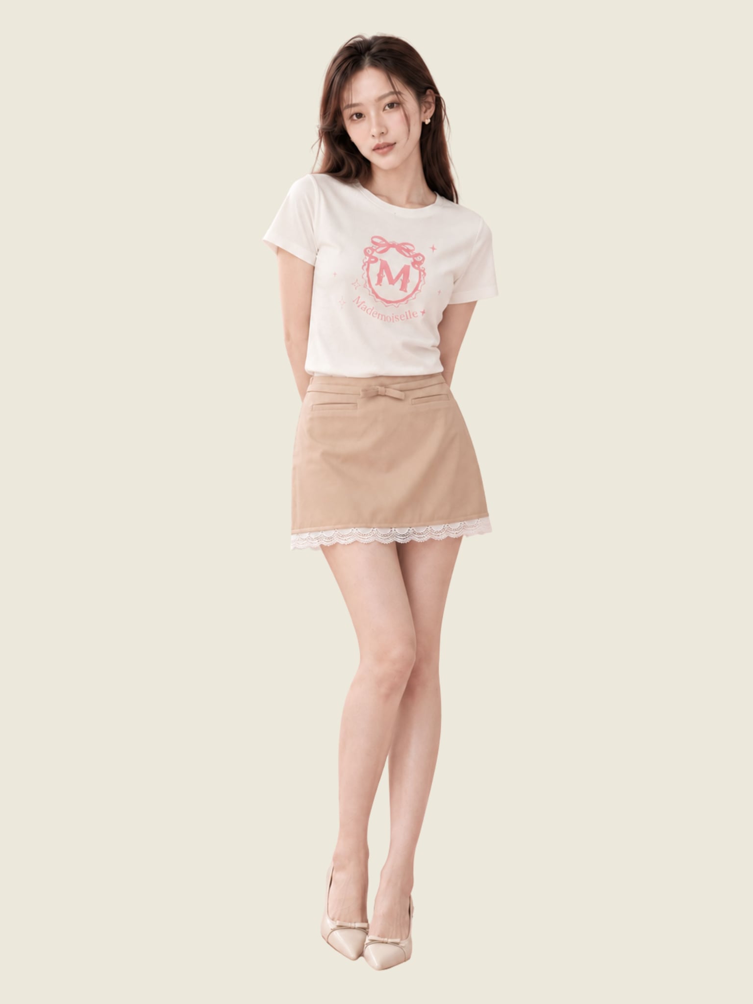 Chân váy A mini lai phối ren