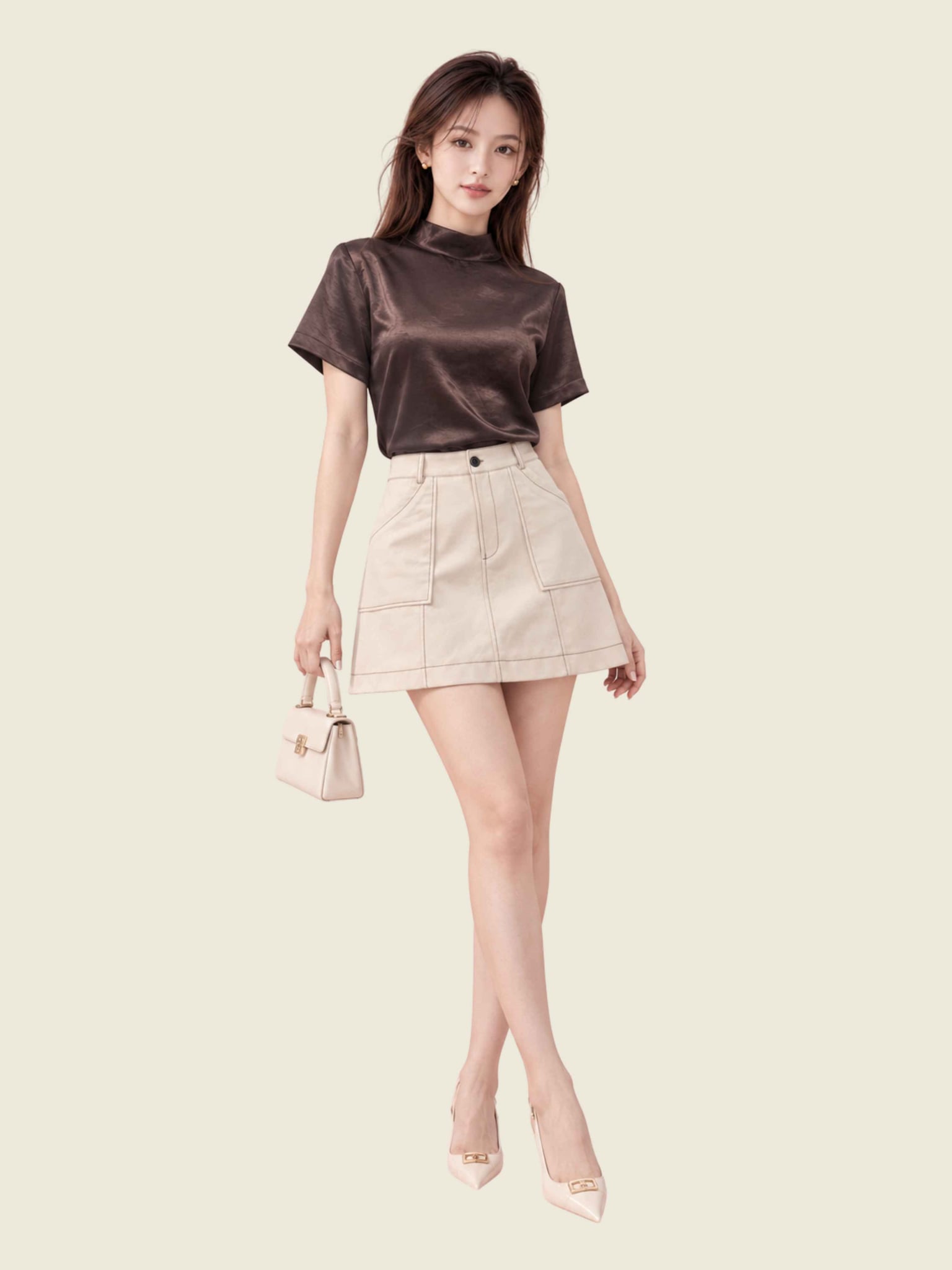 Áo lụa tay ngắn cổ lọ có dây nơ sau lưng