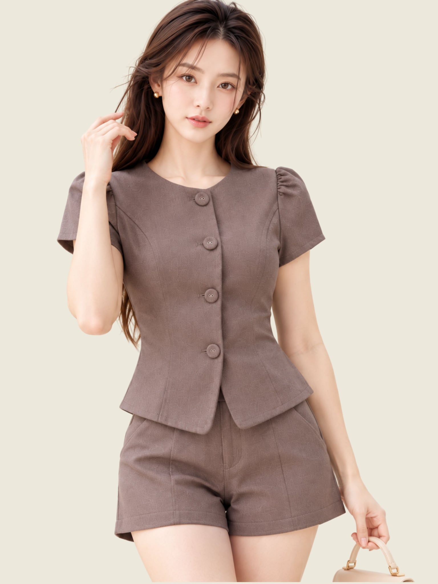 Áo cổ tròn denim nút bọc