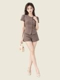  Áo cổ tròn denim nút bọc 