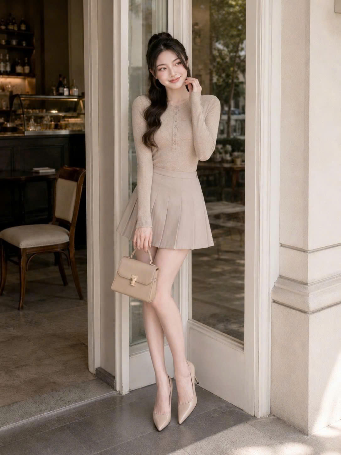 Áo thun tay dài cổ tròn gài nút