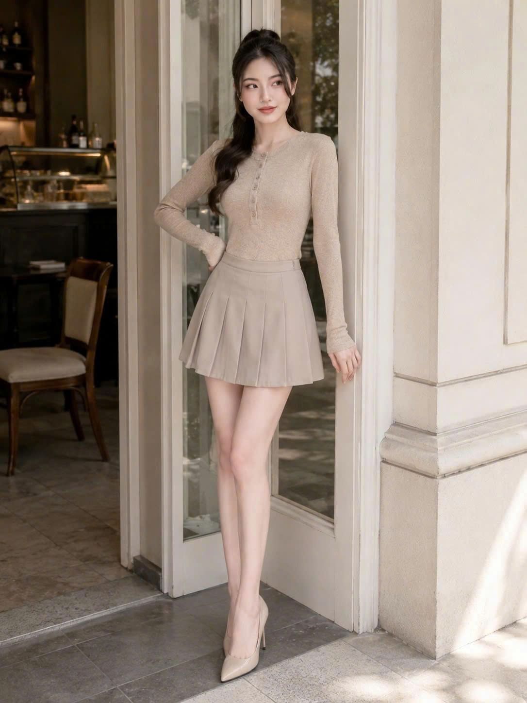  Áo thun tay dài cổ tròn gài nút 