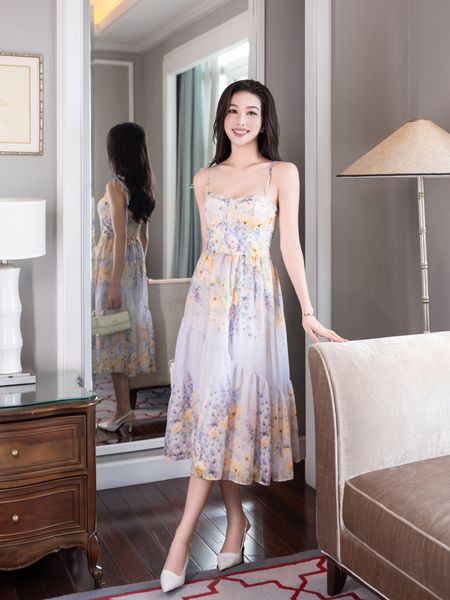  Đầm maxi hoạ tiết hoa 2 dây dáng xoè 