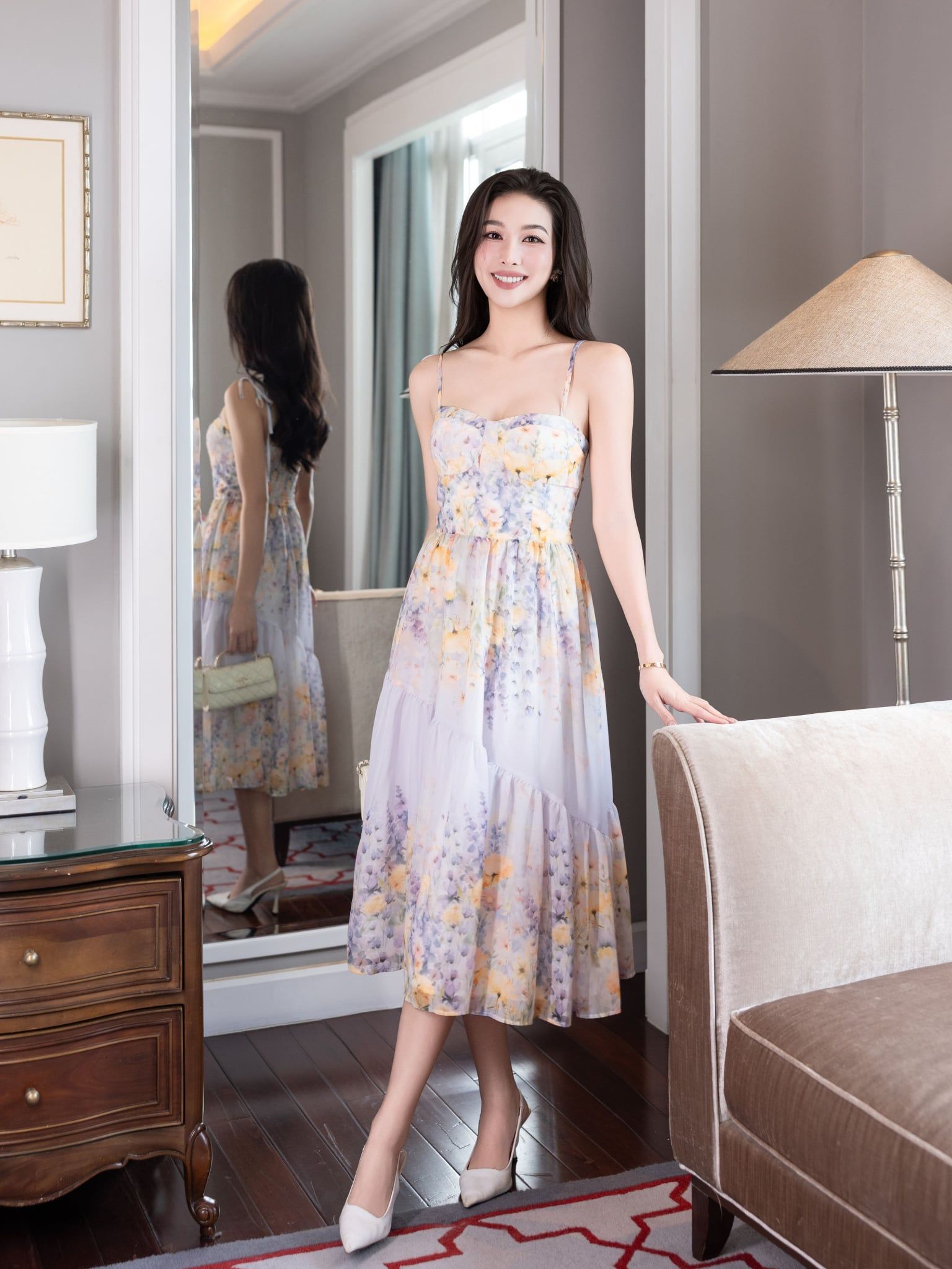  Đầm maxi hoạ tiết hoa 2 dây dáng xoè 