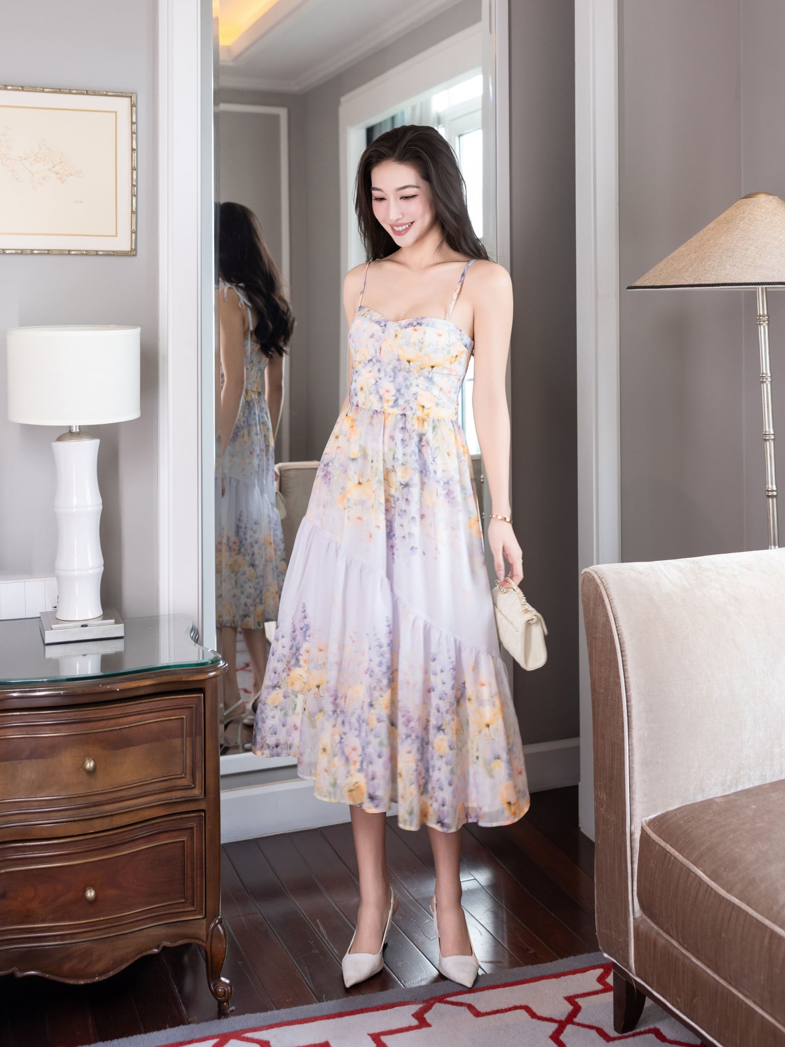 Đầm maxi hoạ tiết hoa 2 dây dáng xoè
