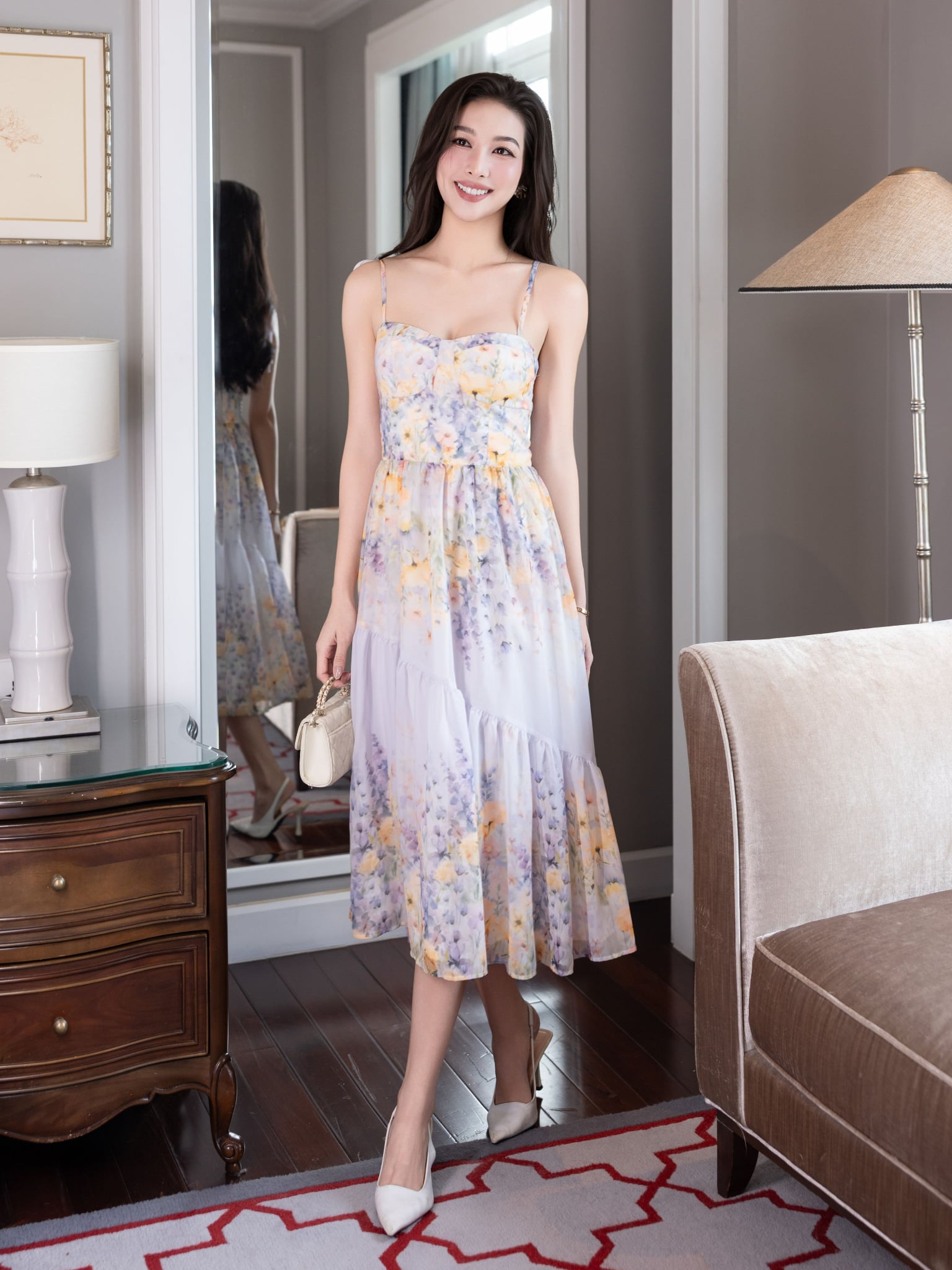 Đầm maxi hoạ tiết hoa 2 dây dáng xoè