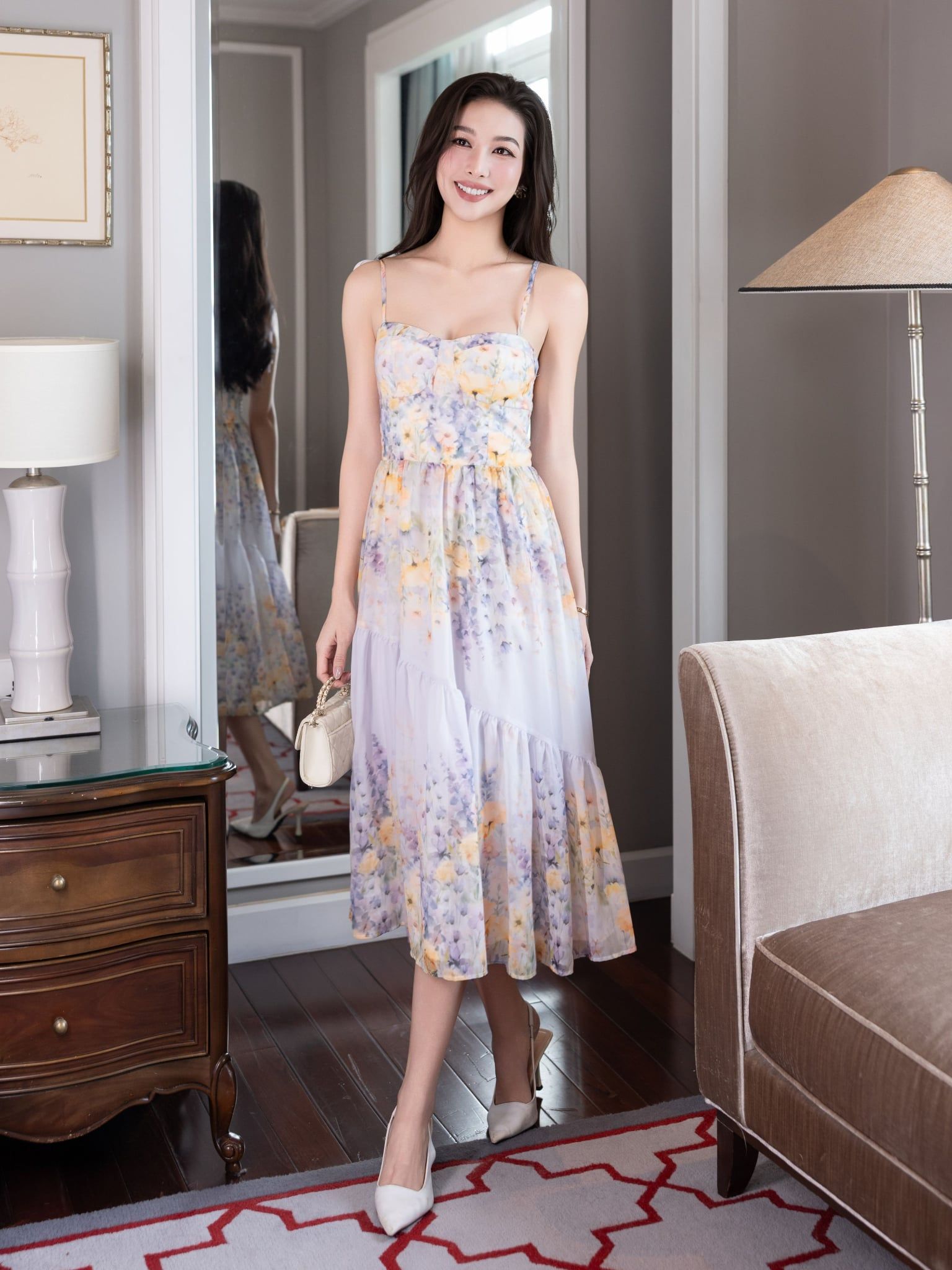  Đầm maxi hoạ tiết hoa 2 dây dáng xoè 