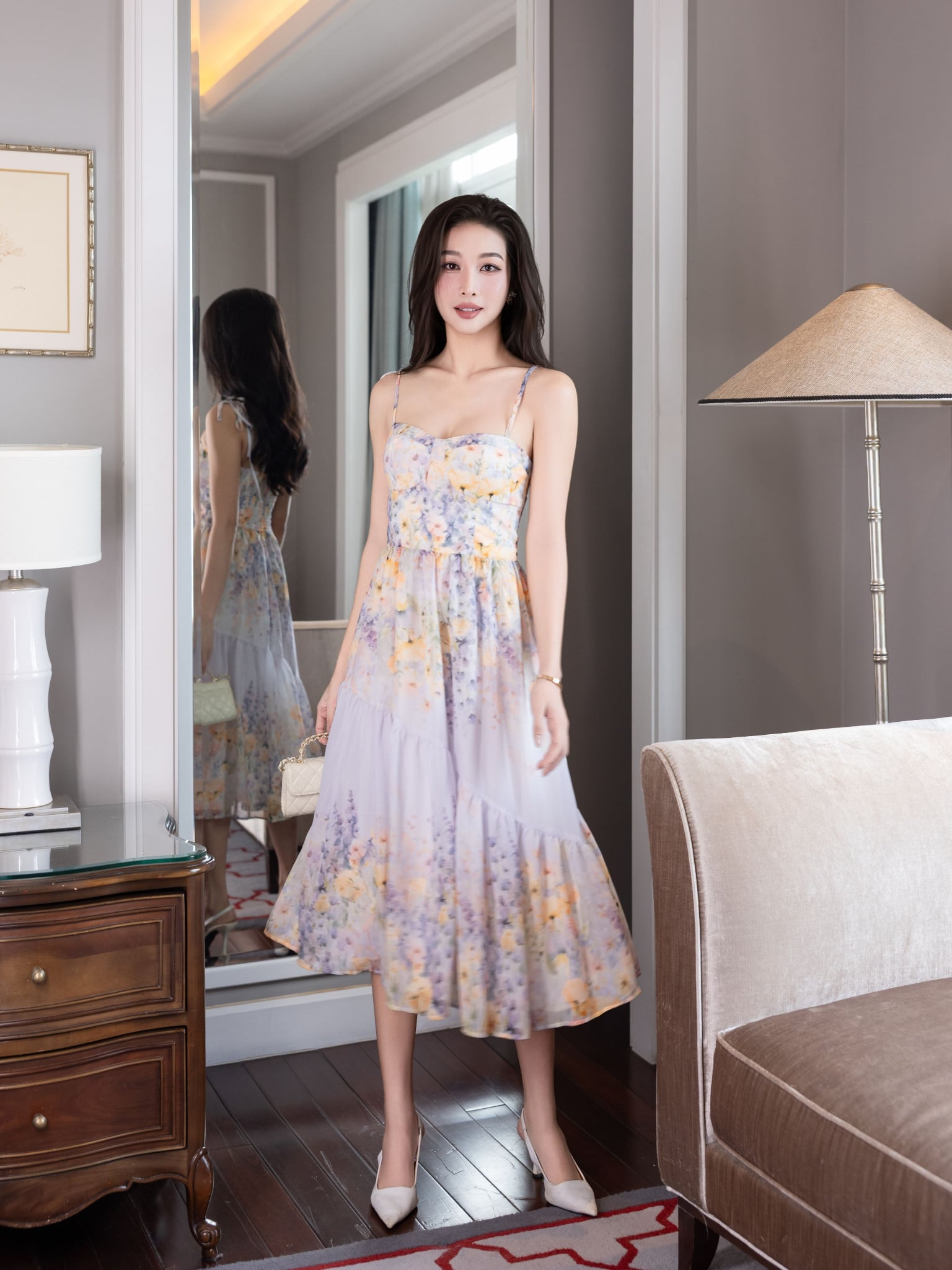 Đầm maxi hoạ tiết hoa 2 dây dáng xoè