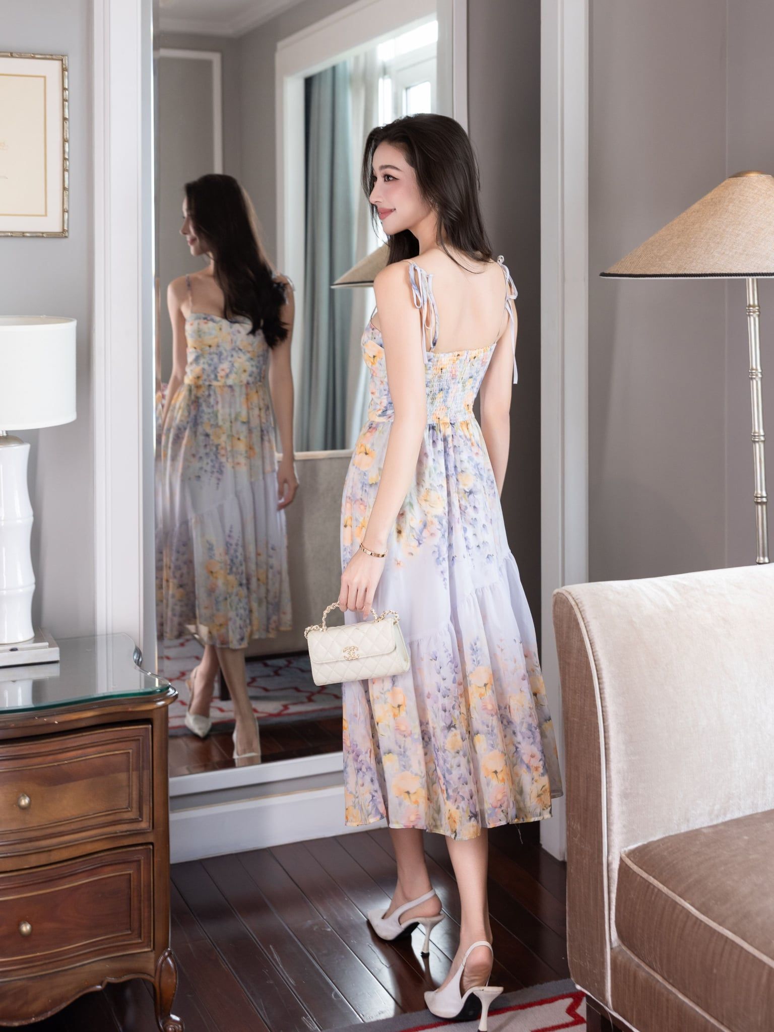  Đầm maxi hoạ tiết hoa 2 dây dáng xoè 