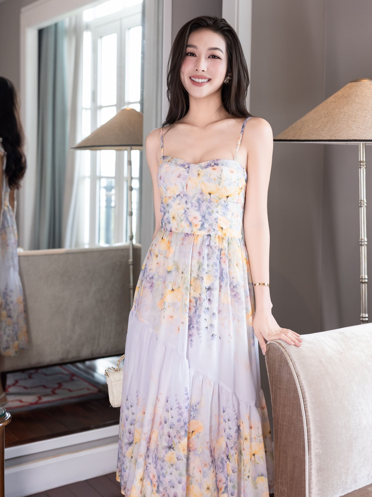 Đầm maxi hoạ tiết hoa 2 dây dáng xoè
