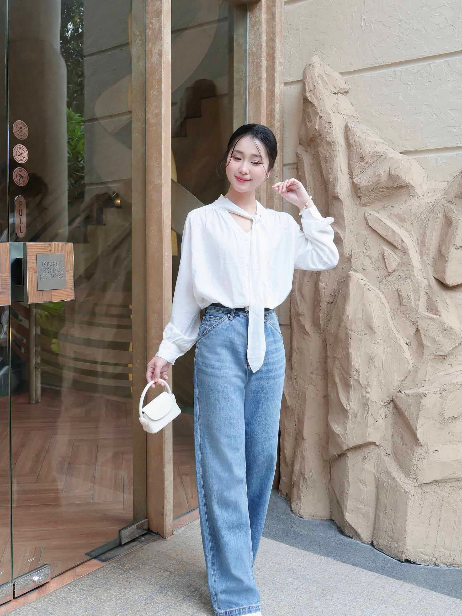  Áo sơ mi cổ tim thắt nơ 