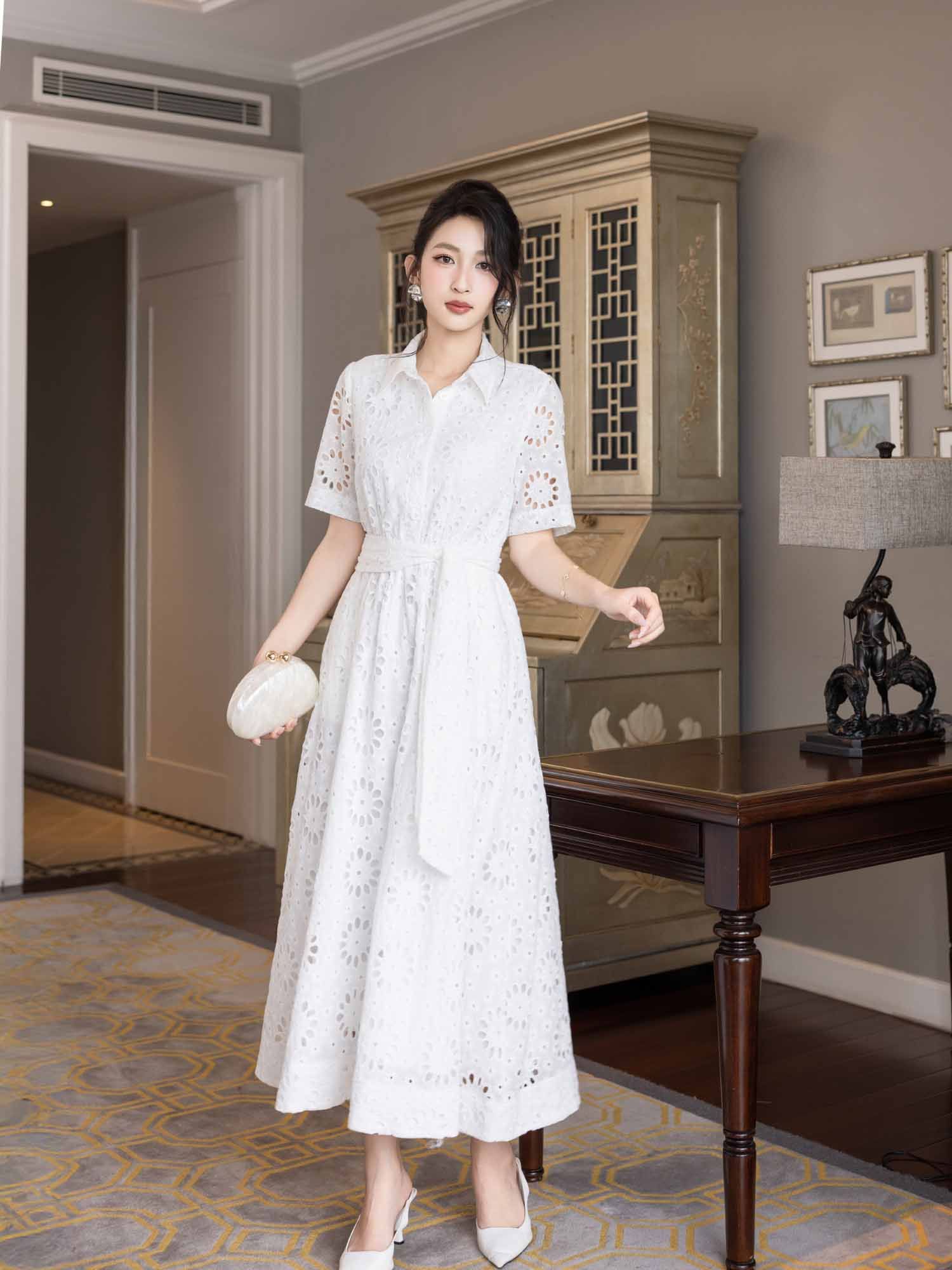  Đầm midi nhún lưng dây eo cách điệu 