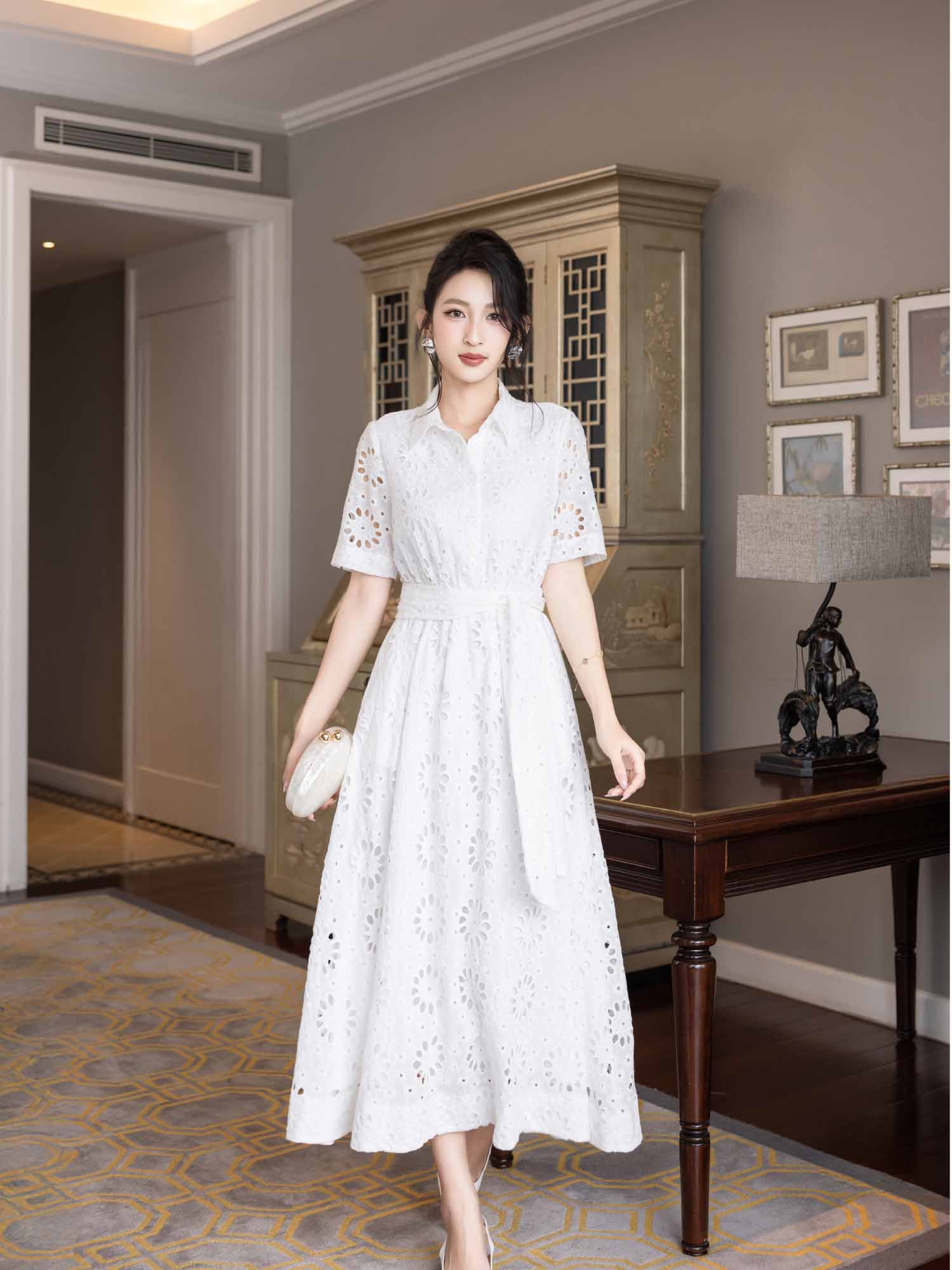 Đầm midi nhún lưng dây eo cách điệu