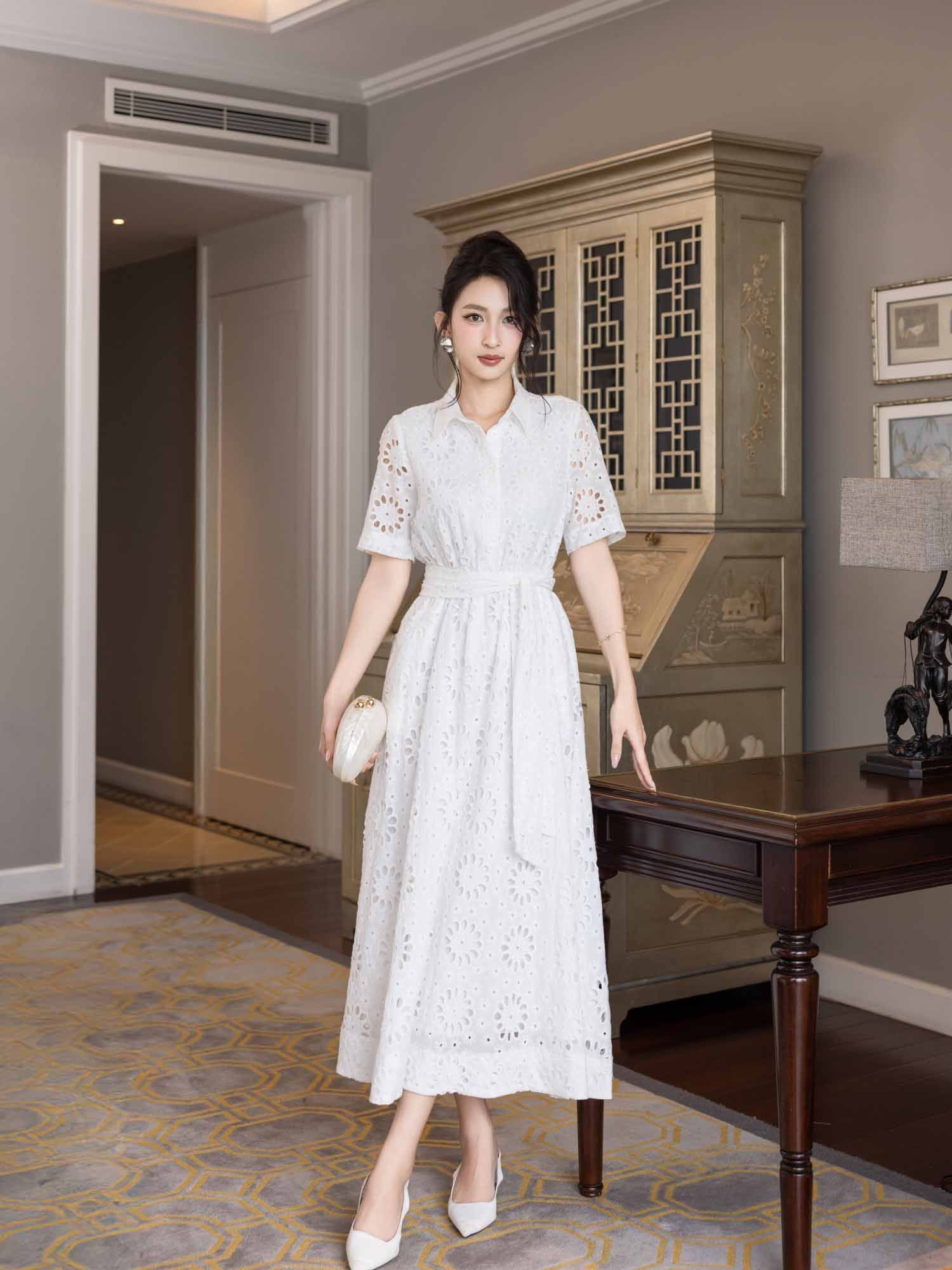  Đầm midi nhún lưng dây eo cách điệu 