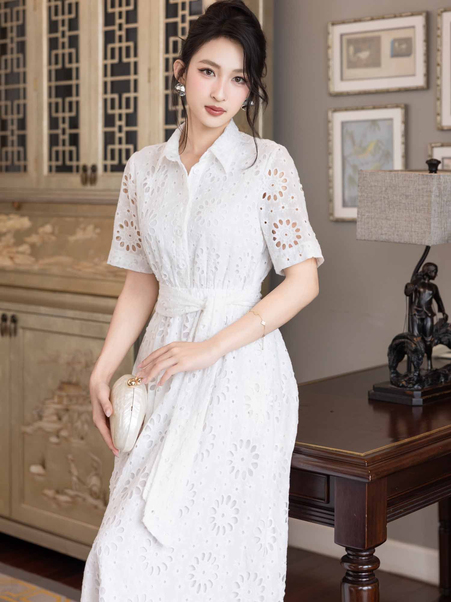  Đầm midi nhún lưng dây eo cách điệu 