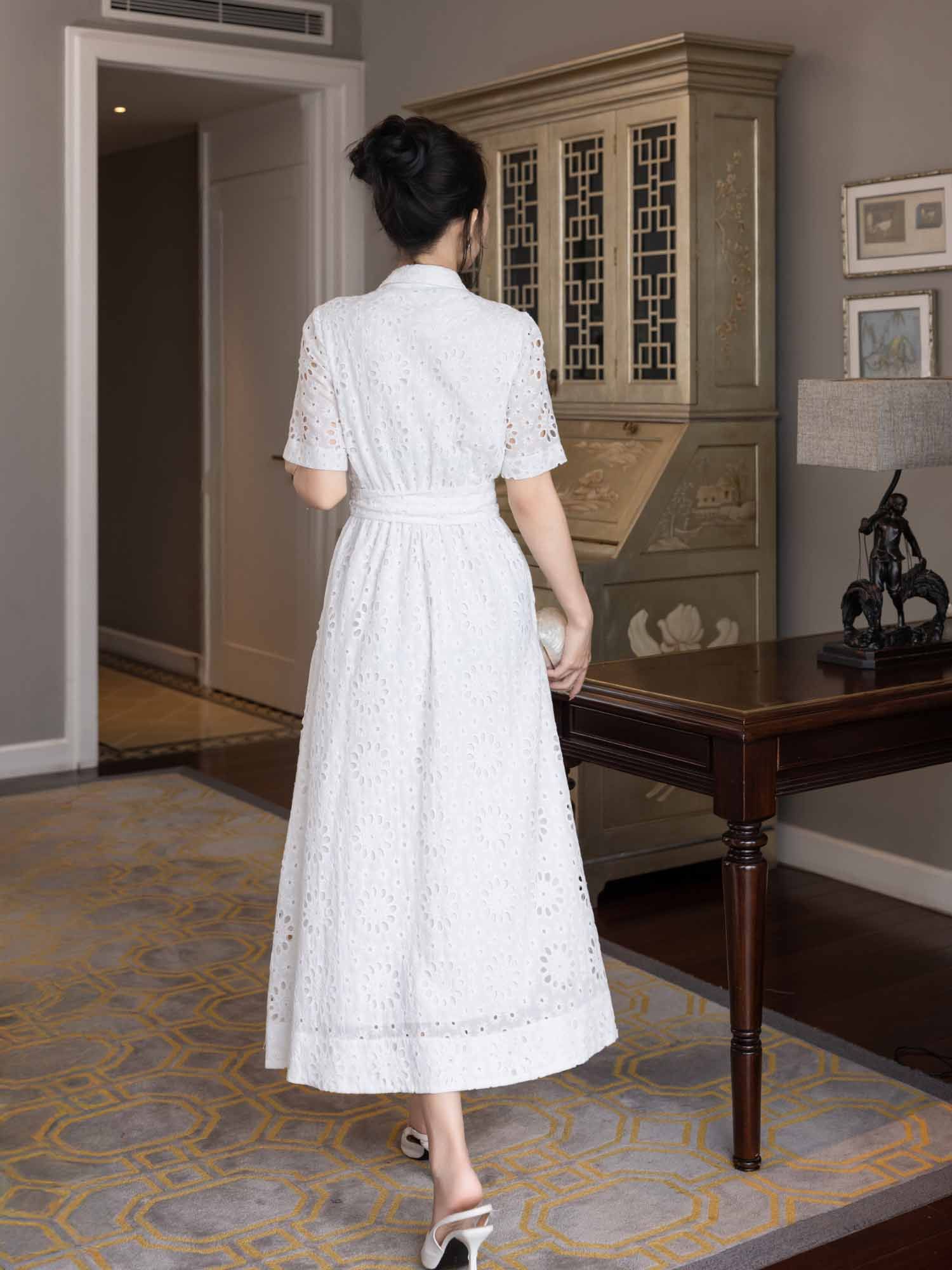  Đầm midi nhún lưng dây eo cách điệu 